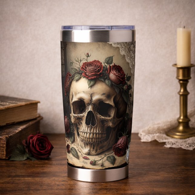 Botella Aislada Diseño de monograma de rosas de cráneo gótico Acad (Gothic Skull Roses Monogram Dark Academia Design Insulated Tumbler)