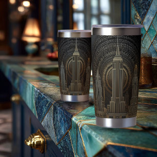 Botella Aislada Elegante horizonte urbano de la ciudad en Art Deco