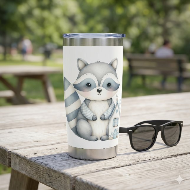 Botella Aislada Escena Bosque Neutral Cabaña Mapache Pastel (Pastel Raccoon Cottage Neutral Woodland Scene Insulated Tumbler)