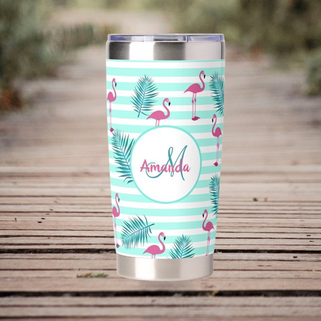 Botella Aislada Flamingo rosa de menta rayas verdes hojas de palma (Subido por el creador)