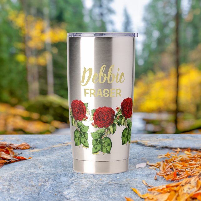 Botella Aislada Flor roja y hojas verdes nombre personalizado (Exterior)