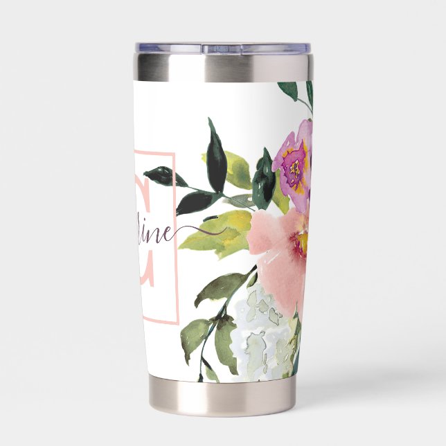 Botella Aislada Floral personalizado rosa y morado (Detrás)