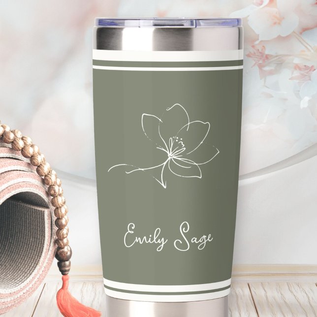 Botella Aislada Floral Zen Athletic Stripes Ivory Sage Green (Minimalist Floral Line Art Zen Sage Green Ivory Insulated Tumbler ©Sunny Wanderlust 🌞✈️)