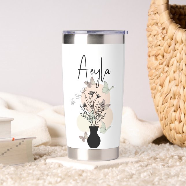 Botella Aislada Flores de arte de la línea de boho y mariposas bla (Sala de estar)