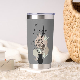 Botella Aislada Flores de arte de la línea de boho y mariposas gri