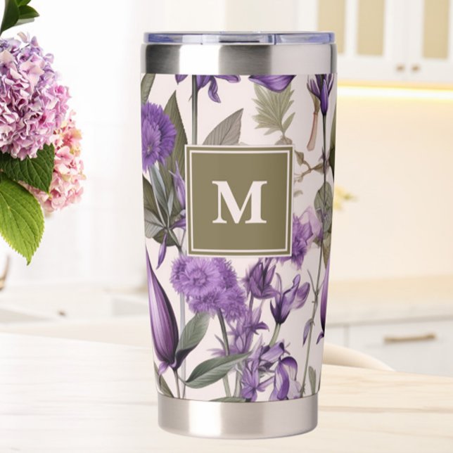 Botella Aislada Flores moradas Verdor Monograma Botánico (Purple floral and greenery thermal mug)