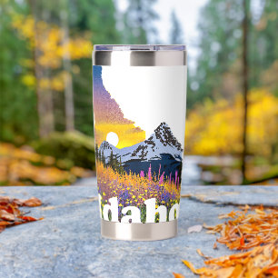 Botella Aislada Forma de Idaho con montaña y flores silvestres per