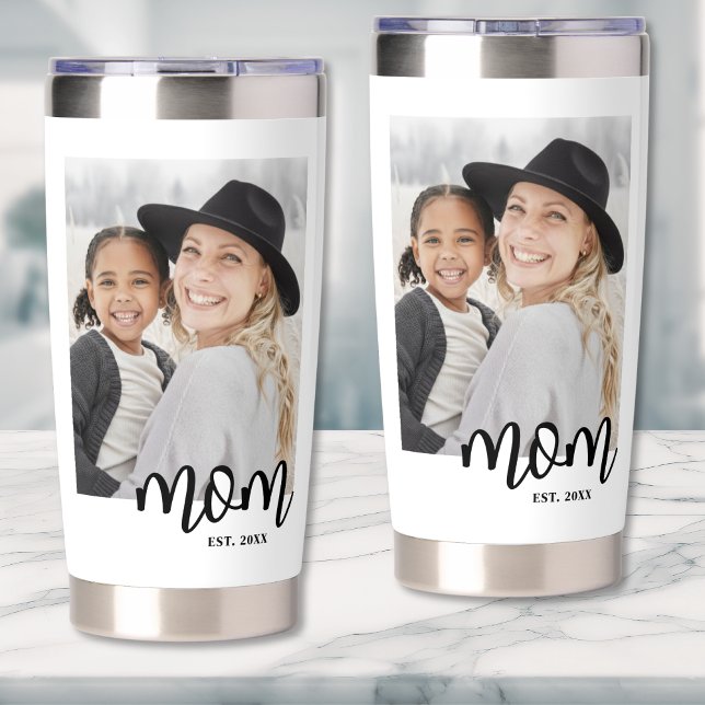 Botella Aislada Foto de mamá (Mom Established Script Photo Gift Insulated Tumbler)