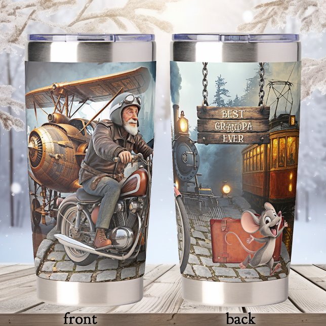 Botella Aislada Funny Vintage Best Grandpa Ever (Thermal tumbler featuring a funny collage of vintage transportation images with a grandpa on a bike )