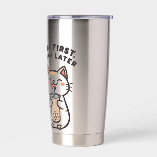 Botella Aislada Gato Kawaii Adorable Bebiendo Té de Burbujas