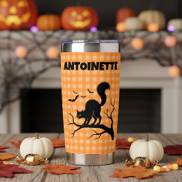 Botella Aislada Gato Negro de Halloween y Murciélagos Plaid Naranj