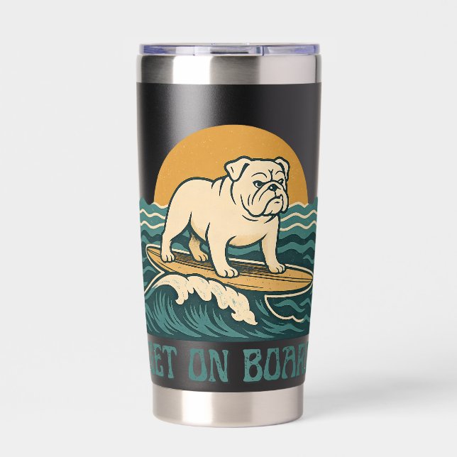 Botella Aislada Get On Board Surfer Dog | Retro Bulldog Surfing (Frente)