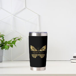 Botella Aislada Guión de nombre elegante de oro negro de mariposa