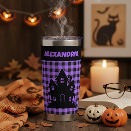 Botella Aislada Halloween Haunted House Purple & Black Plaid Name