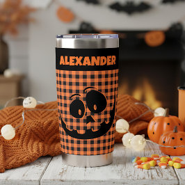 Botella Aislada Halloween Jack-O-Lantern Orange & Black Plaid Name