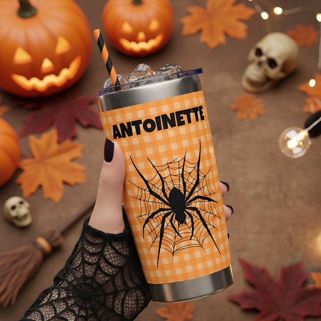 Botella Aislada Halloween Spider in Cobweb Orange Gingham Plaid (Subido por el creador)