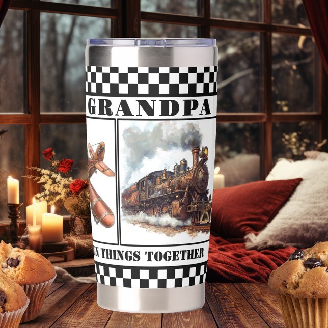 Botella Aislada Jubilación del abuelo del vintage Steampunk (Thermal tumbler with steampunk images of a train, plane and car - retirement - birthday - Christmas)
