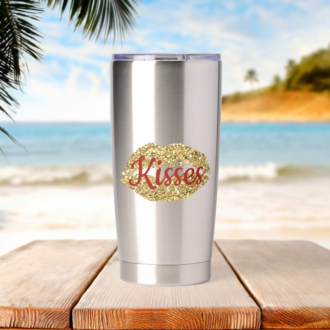 Botella Aislada Labios con Brillo Dorado Besos Rojos (Playa (girada))