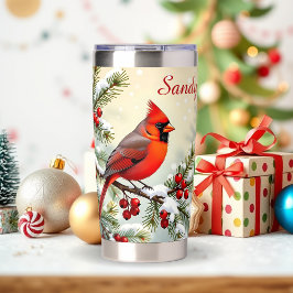 Botella Aislada Lindo cardenal de Navidad y ramas de pino