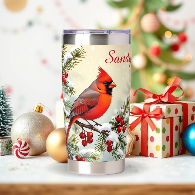 Botella Aislada Lindo cardenal de Navidad y ramas de pino (Subido por el creador)