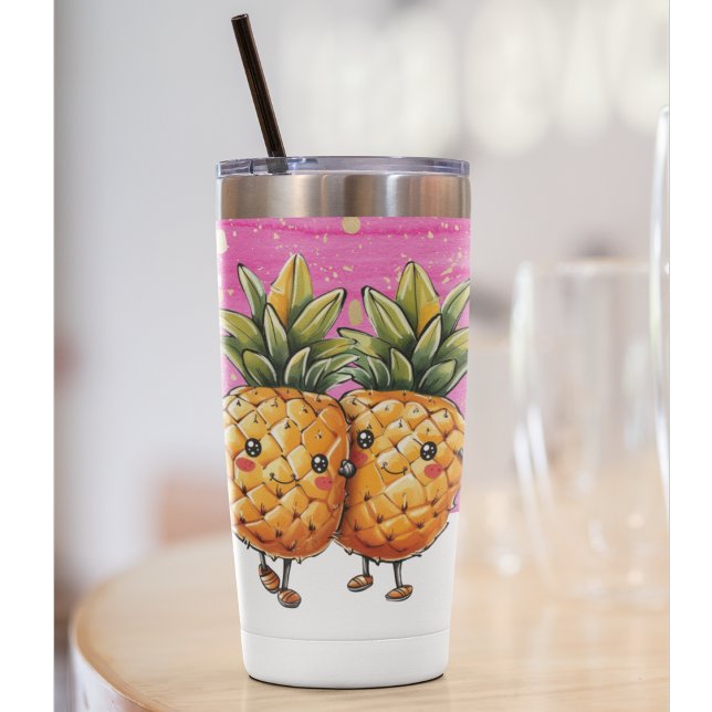 Botella Aislada Los mejores amigos piña Kawaii piña rosa (Fun bubbly travel mug for beach, pool or party. Kawaii BFF Pineapple Friends)