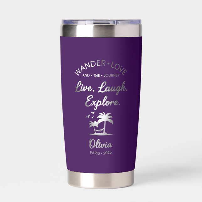 Botella Aislada Love Live Laugh Explore Purple Travel Tumbler (Frente)
