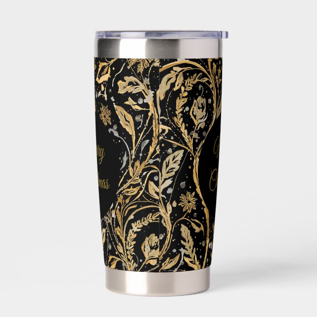 Botella Aislada Luxury Black Gold Flowers Pattern, Merry Christmas (Izquierdo)