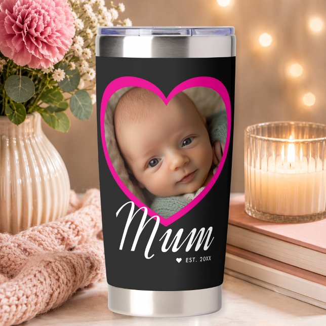 Botella Aislada Mamá Estableció Letra Rosa Corazón Foto Negra (Mum Established Script Pink Heart Photo Black Insulated Tumbler)