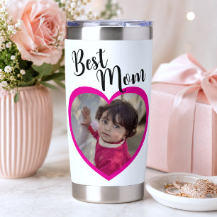 Botella Aislada Mejor Mamá Escritura Corazón Rosa Foto Blanco