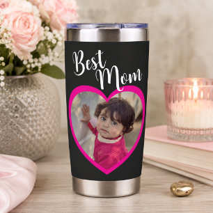 Botella Aislada Mejor Mamá Letra Script Corazón Rosa Foto Negra