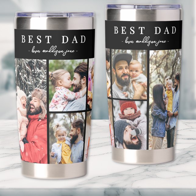 Botella Aislada Mejor Padre Personalizado De 8 Collages de fotos (Personalized Best Dad Ever 8 Photo Collage Father Insulated Tumbler)