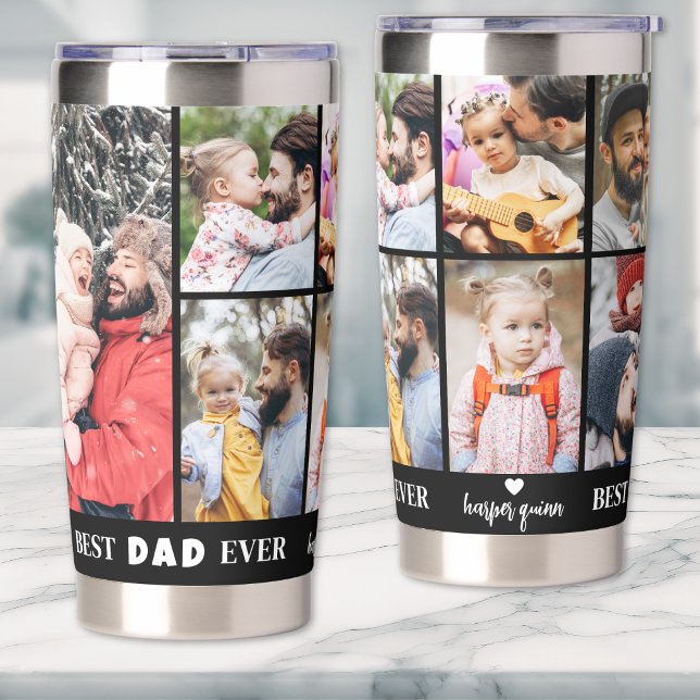 Botella Aislada Mejor Padre Personalizado De 8 Collages de fotos (Personalized Best Dad Ever 8 Photo Collage Father Insulated Tumbler)