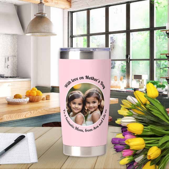 Botella Aislada Moda de foto Personalizado del Día de la Madre Ros (A pretty pink thermal tumbler for Mother's Day, with custom photo and text)