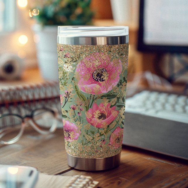 Botella Aislada Moderna Moda floral verde rosa Purpurina de oro el (Subido por el creador)
