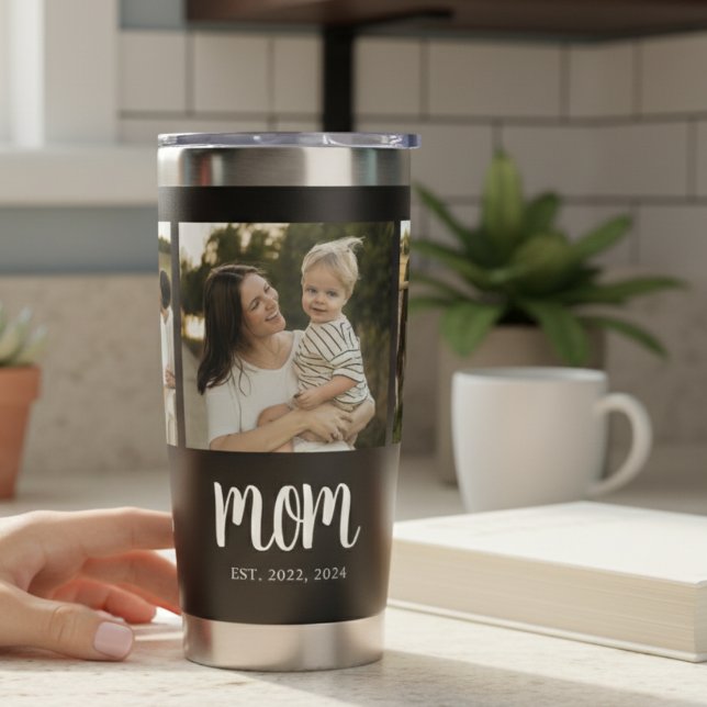 Botella Aislada Mom Established Script Black 3 Photo (modern minimal black tumbler with mom established date in white script with 3 photo design for gifts)