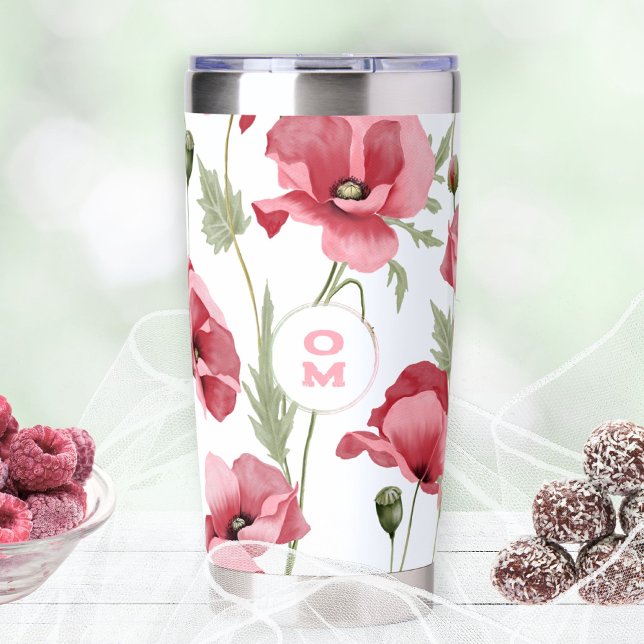 Botella Aislada Monograma de flor silvestre blanco Adormidera rosa (White Wildflower Monogram Pink Poppy Romantic Insulated Tumbler ©Susanne Sachers - Sunny Mind 🌞)
