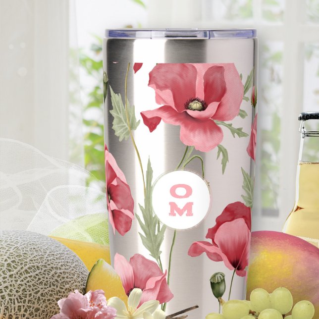 Botella Aislada Monograma de flor silvestre Rosa Poppy Grande Romá (Pink Poppy Stainless Steel Monogram Insulated Tumbler ©Susanne Sachers - Sunny Mind 🌞)