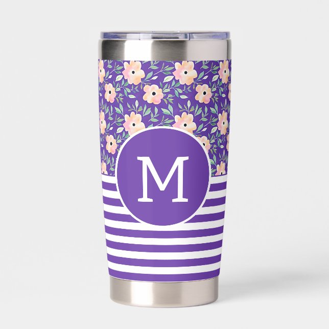 Botella Aislada Monograma de flores y rayas moradas (Frente)