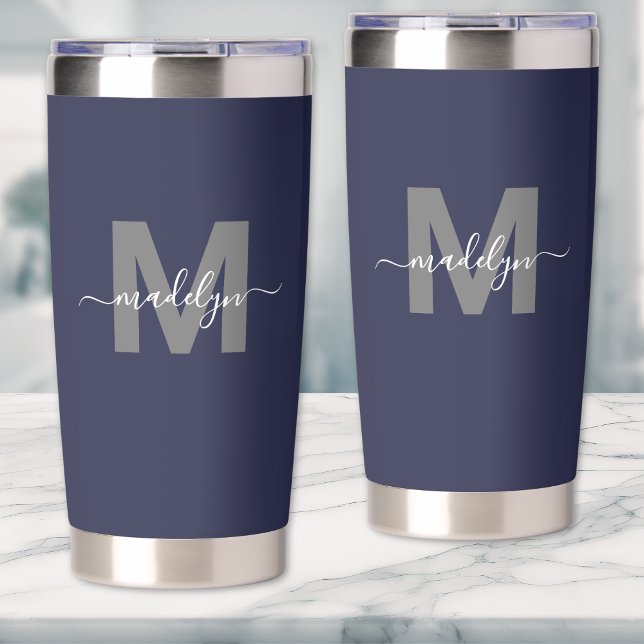 Botella Aislada Monograma de nombre azul marino (Navy Blue Name Monogram Insulated Tumbler )