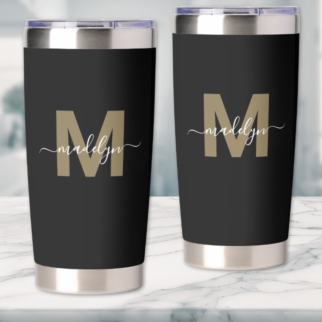 Botella Aislada Monograma de nombre elegante de oro negro (Black Gold Elegant Name Monogram Insulated Tumbler)