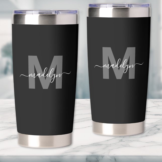 Botella Aislada Monograma de nombre moderno blanco negro (Black White Modern Name Monogram Insulated Tumbler)