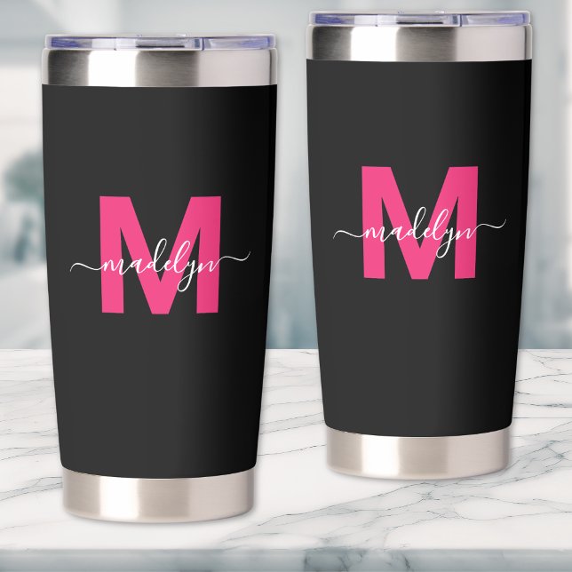 Botella Aislada Monograma del nombre negro rosado caliente (Hot Pink Black Name Monogram Insulated Tumbler)