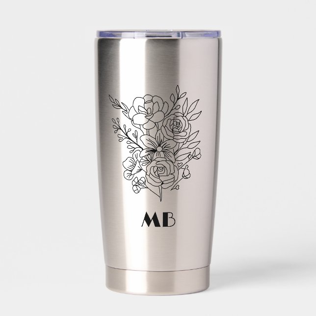 Botella Aislada Monograma floral negro simple personalizado (Frente)