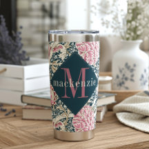 Monograma floral rosa azul elegante William Morris