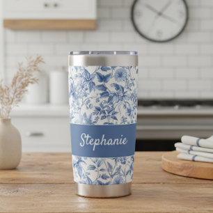 Botella Aislada Monograma Floral Toile Azul Vintage