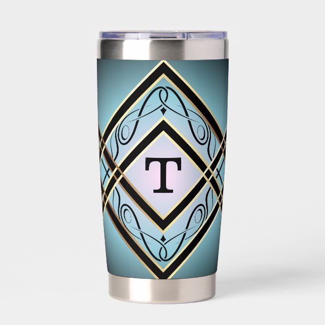 Botella Aislada Monograma moderno Art Deco Blue Elegant (Frente)