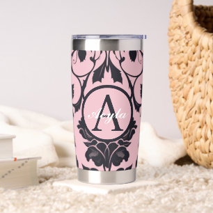 Botella Aislada Monograma moderno de Damasco de Rosa rosa y negro