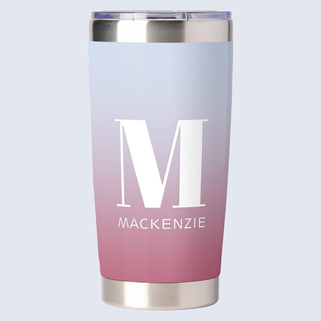 Botella Aislada Monograma Nombre inicial Gradiente Azul rosa (Modern monogram initial name pink blue gradient personalized insulated tumbler)