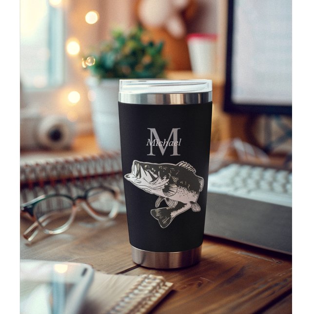 Botella Aislada Monograma personalizado de pesca de bajura Rústica (Coffee Travel Mug Bass Fishing Monogram Cup for Anglers )