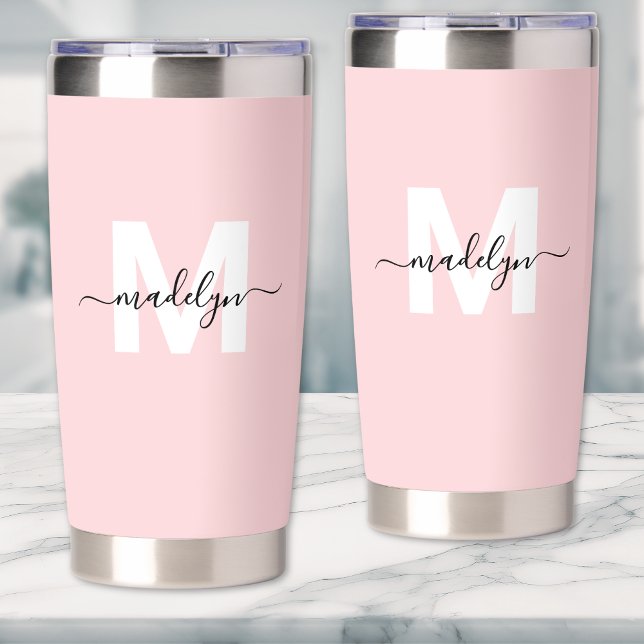 Botella Aislada Monograma Rubor Pink Girly (Blush Pink Girly Monogram Name Insulated Tumbler)